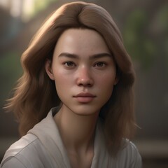 Obraz premium A highly detailed, hyper-realistic close-up portrait of an AI-generated human face. This digital artwork features lifelike skin textures, expressive eyes, and natural lighting.