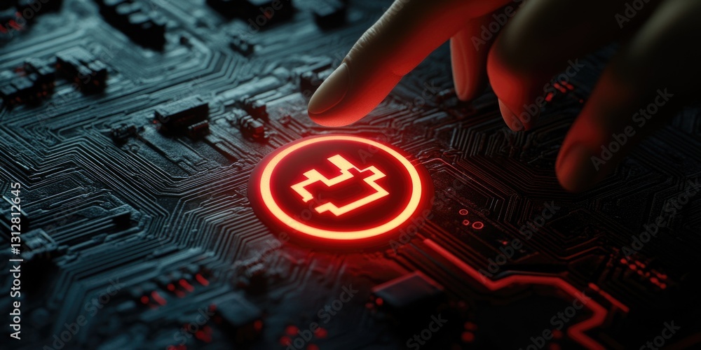 Poster close up of a person's fingers pressing a red lighted button on a circuit board, symbolizing interac