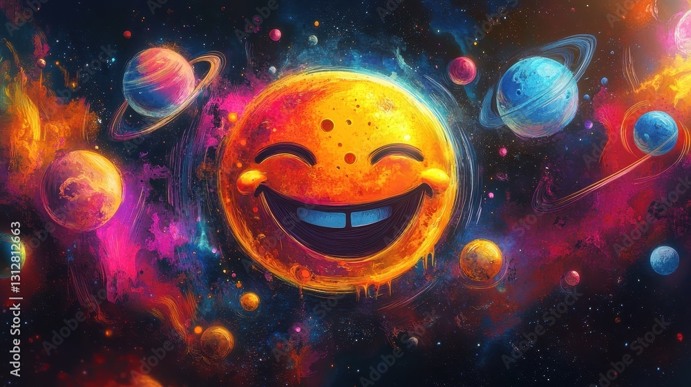 Poster a smiling celestial body surrounded by colorful planets in space