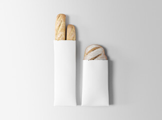 Mockup of Paper Bread Bags with Fresh Baguette and Round Loaf on White Background