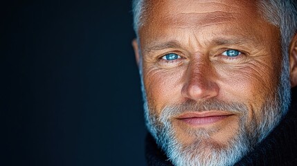 Portrait of a mature man with blue eyes and graying beard, close-up shot against a dark background. A serene and confident expression.