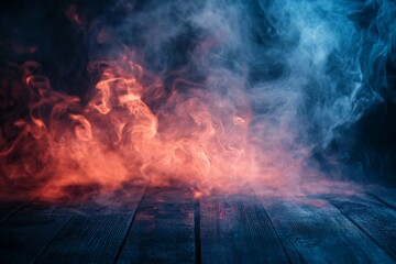 Red and blue smoke swirls above dark wooden planks.