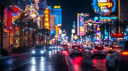 Obraz premium Vibrant city street at night, illuminated by colorful neon signs and traffic.