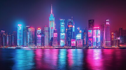 Fototapeta premium Neon Skyline: Hong Kong's Dazzling Nightscape
