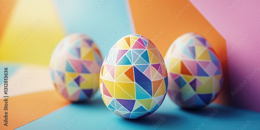 Poster three colorful easter eggs in vivid hues and geometric patterns, sitting on a table with a backdrop 