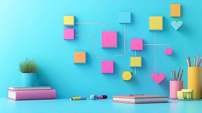 Colorful Sticky Note Flowchart on Blue Wall - Powered by Adobe