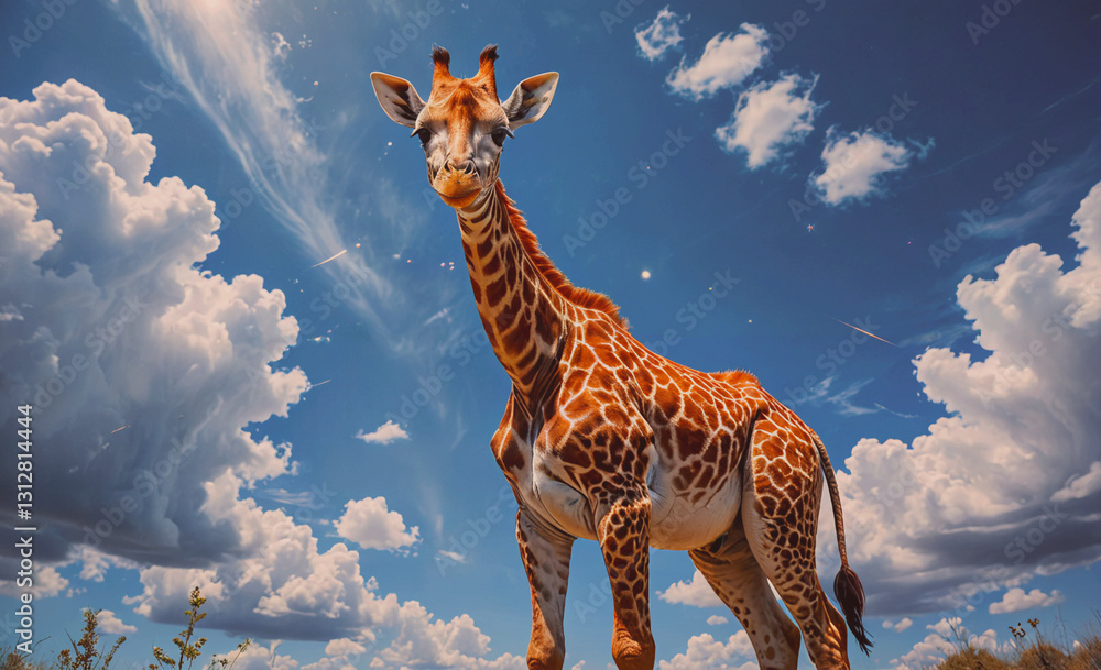 Aufkleber Giraffe standing in a field with a blue sky and clouds in the background. The giraffe is looking directly at the camera, creating a sense of curiosity and wonder
