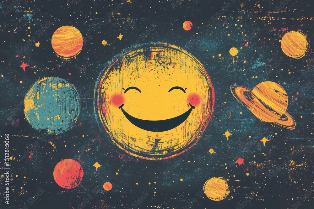 Poster smiling celestial body surrounded by planets in colorful artistic space