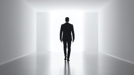 Obraz premium Businessman Walking Towards Bright Light in Minimalist Hallway