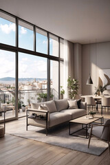 Charming beige minimalist living room with city view from second floor window offering natural light and inviting design elements Interior Design Inspiration