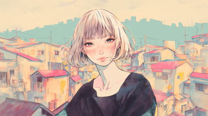 都会の街に立つ女性