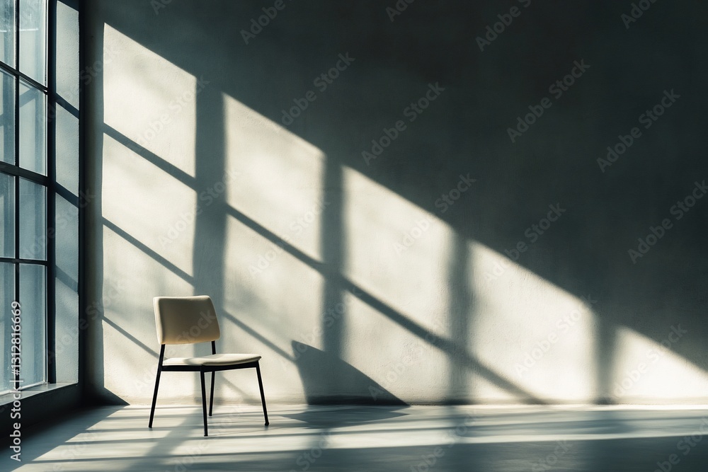 Poster sunlight streams through a large window onto a single chair in a minimalist room.