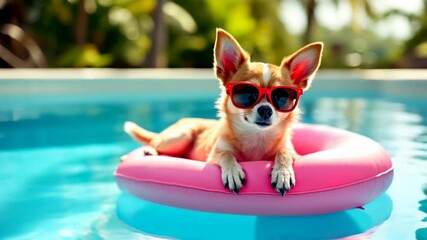 Cute funny chihuahua dog wearing in red sunglasses floating in swimming pool on inflatable pink ring. Happy pet swim in ocean or sea. Animals play in water. Travel vacation, summer holiday concept - Powered by Adobe