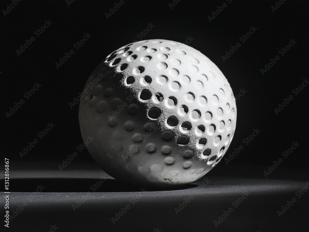 Poster close-up of a textured white sphere on a dark background, lit from the side, showing depth and shado