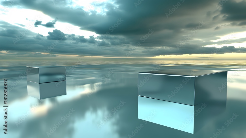 Poster serene ocean scene with floating cubes minimalist 3d render