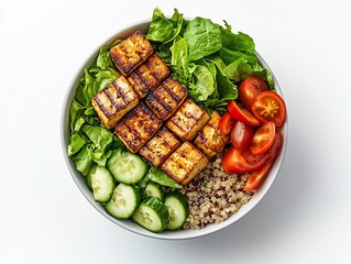 Grilled tofu, quinoa, cucumber, tomato, and lettuce salad in a bowl.