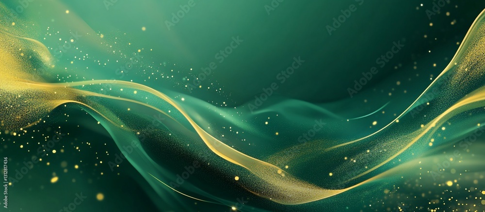 Poster abstract green and gold wave background with sparkling particles.