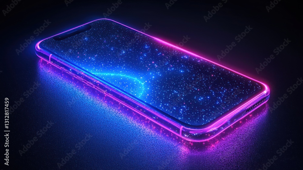 Poster smartphone with glowing edges and space background screen on dark surface