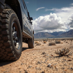Off-road vehicle in desert landscape with mountains and clouds.
