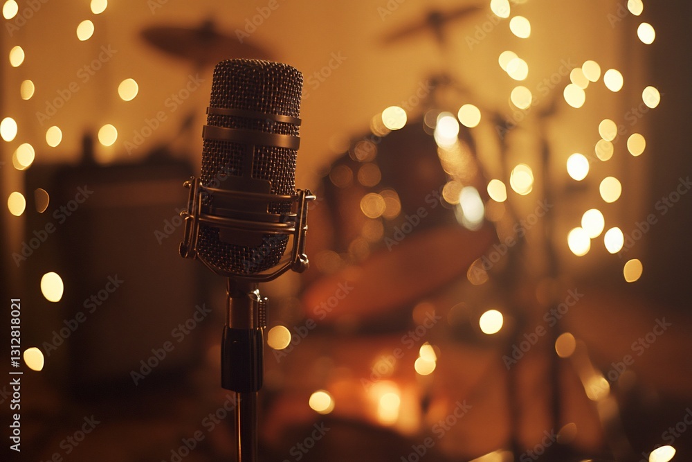 Poster close-up of a vintage microphone in a recording studio with a blurred drum set in the background and
