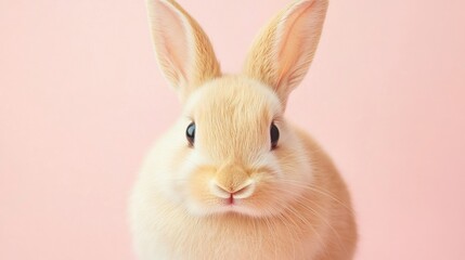 Obraz premium Photo of a little bunny, on a soft pink background Easter theme