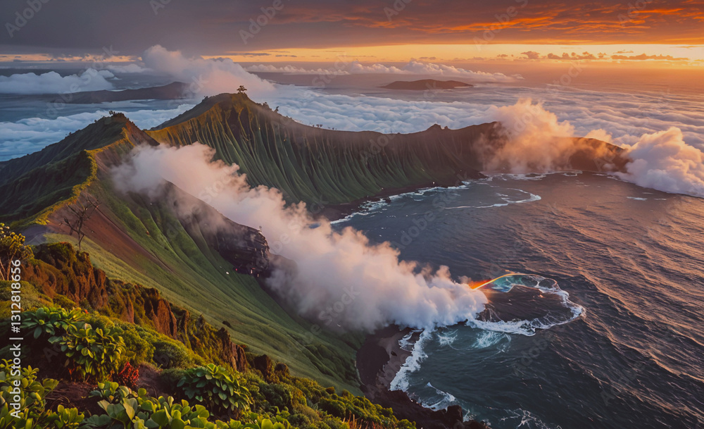 Aufkleber beautiful view of a mountain with a volcano in the background. the sky is cloudy and the sun is sett