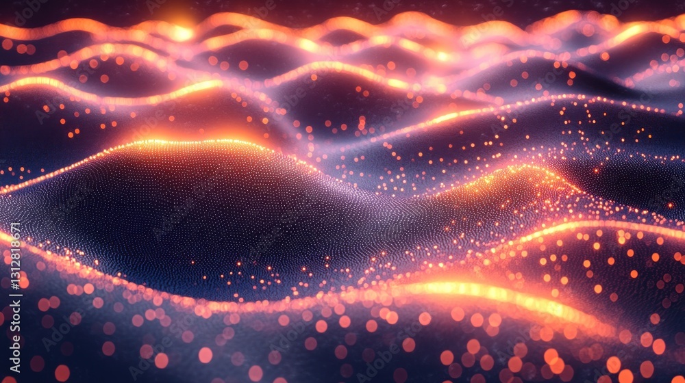Poster Abstract Wavy Particle Field with Glowing Orange Lights and Dark Background