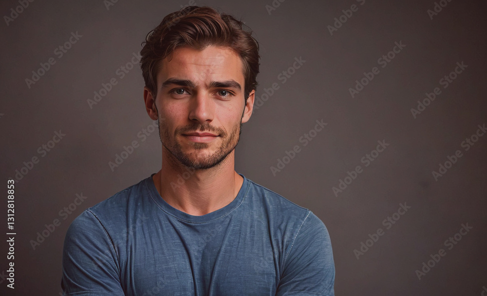 Poster man with a beard and a blue shirt is smiling. he is looking at the camera. the image has a casual an