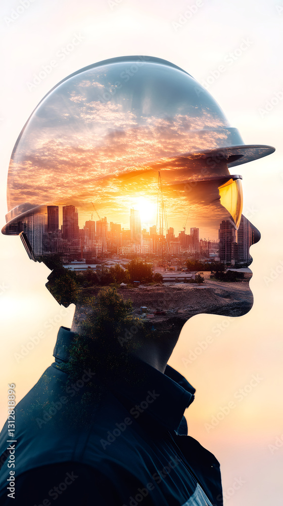 Poster double exposure featuring an engineer in a helmet, envisioning a modern city skyline illuminated by 