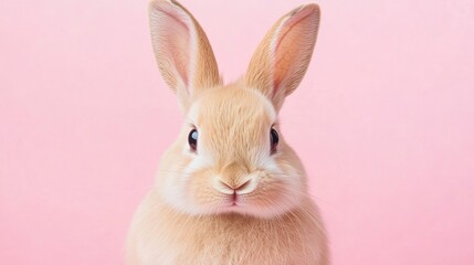 Obraz premium Photo of a little bunny, on a soft pink background Easter theme