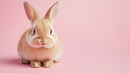 Obraz premium Photo of a little bunny, on a soft pink background Easter theme