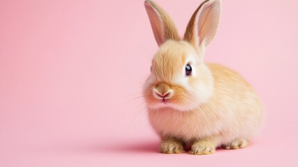 Obraz premium Photo of a little bunny, on a soft pink background Easter theme