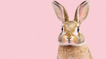 Obraz premium Photo of a little bunny, on a soft pink background Easter theme