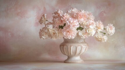 Pale pink carnations in elegant urn vase against soft pink background.