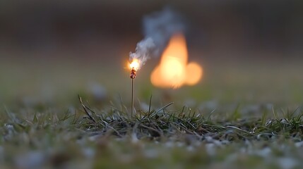 Fototapeta premium Burning Matchstick in Grass at Dusk with Blurred Background