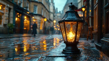 Naklejka premium Rainy cobblestone street, illuminated by a glowing gas lamp