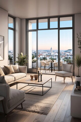 Cozy beige minimalist living room design on second floor featuring city view through large window and natural light filled space Interior Design Inspiration