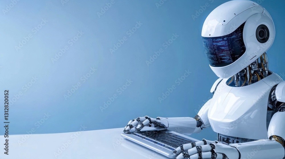 Poster futuristic robot working on a keyboard