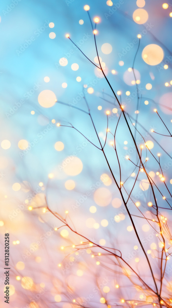 Poster Thin branches with small warm lights creating a beautiful bokeh effect against a pastel colored background