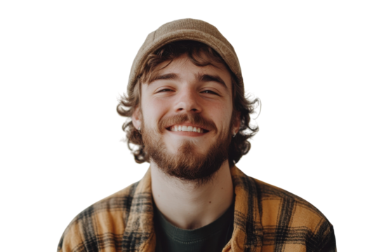 Young man smiles warmly in casual attire against a plain background during a relaxed indoor moment