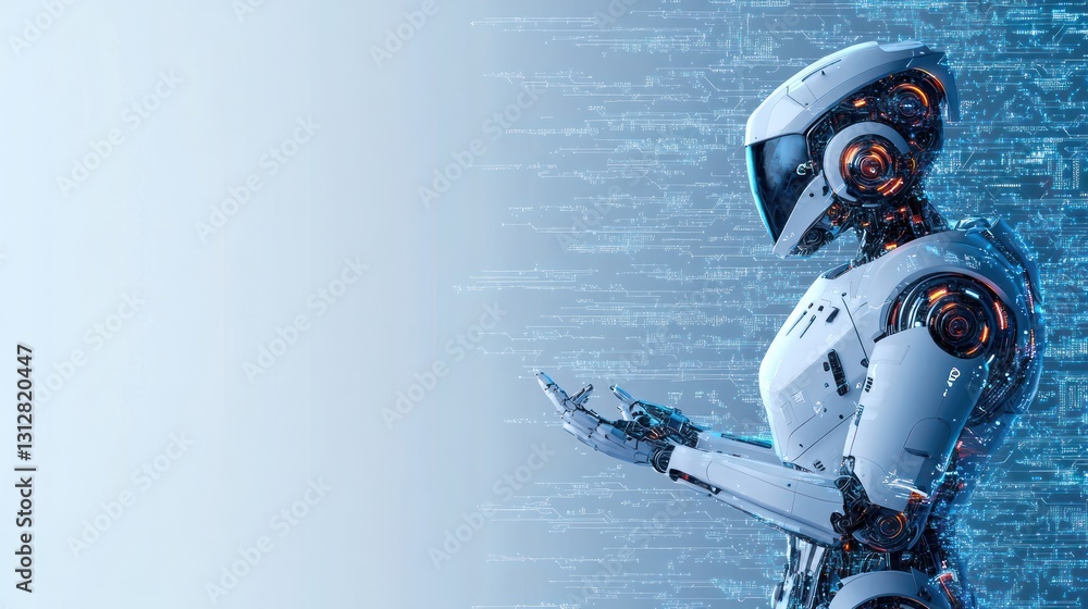 Poster futuristic robot interacting with data stream