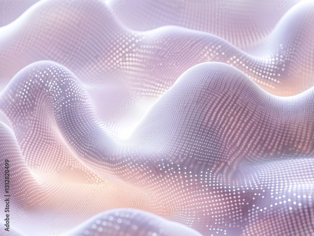 Poster abstract wavy surface with glowing particles.