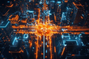 Futuristic city intersection; glowing network; digital art; tech background; website banner