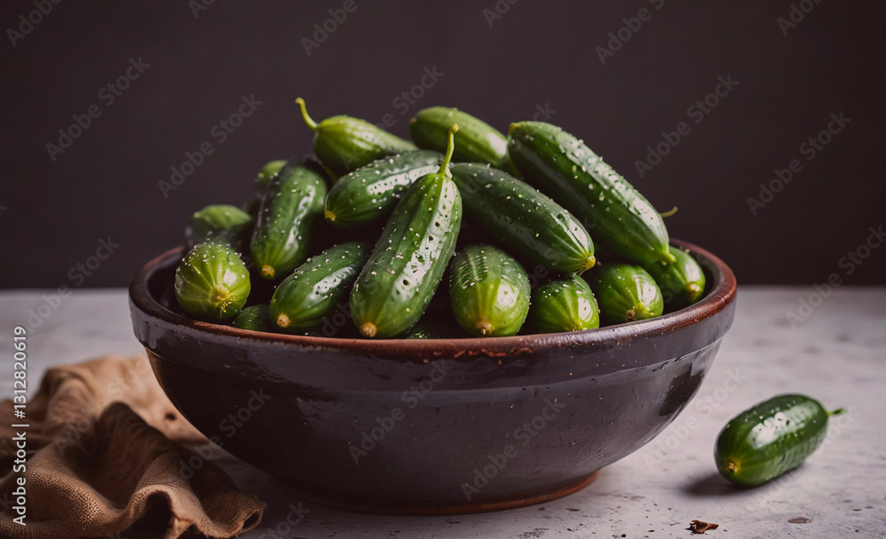 Poster Bowl of cucumbers is sitting on a table. The cucumbers are green and have a few spots on them