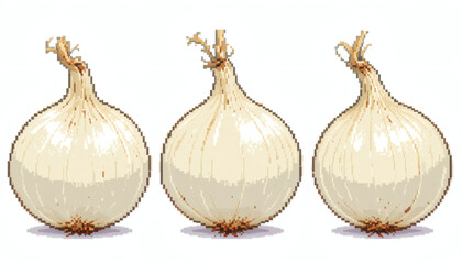 Obraz premium 8-Bit Pixelated White Onion with Peeling Outer Skin – Top-Down, Side, and Angled Views – Retro Pixel Art – Isolated on White Background – Classic Pixel Onion Illustration