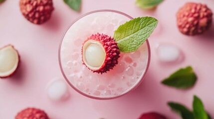 Refreshing Lychee Cocktail with Mint Leaves and Ice on a Pink Background for Summer Vibes and Party Themes