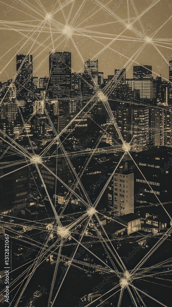 Poster intricate cityscape with web of light structures