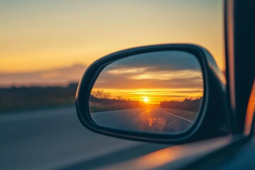 Sunset Reflected in a Car's Side Mirror on an Open Road