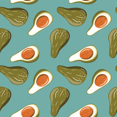 Cute avocado isolated on color background. Avocados with leaves and slice. Natural delicious fresh ripe tasty summer fruit. Vector illustration for packaging, card, other design. Food concept.