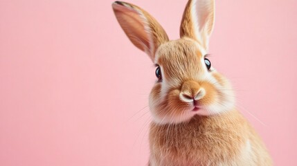 Fototapeta premium Photo of a little bunny, on a soft pink background Easter theme